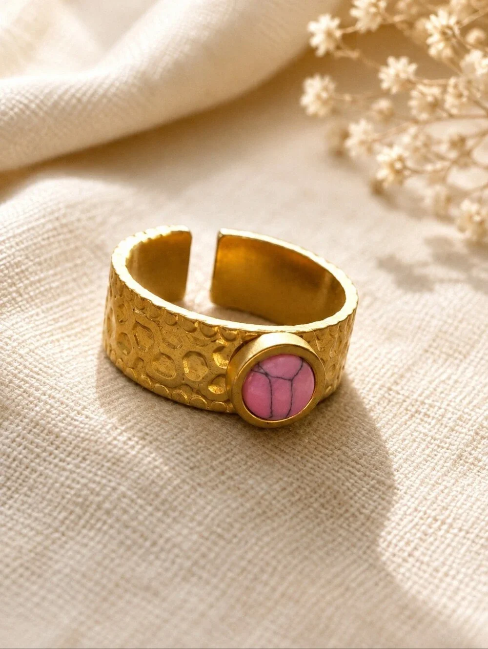 Gold Tone Hammered Adjustable Ring Pink Stone Boho Statement